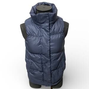 Gap Women's Goose Down Puffer Vest XS Blue Gray Bungee Waist Button Zip Up